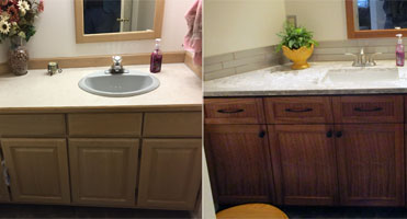 bathroom cabinet before and after refacing with new doors